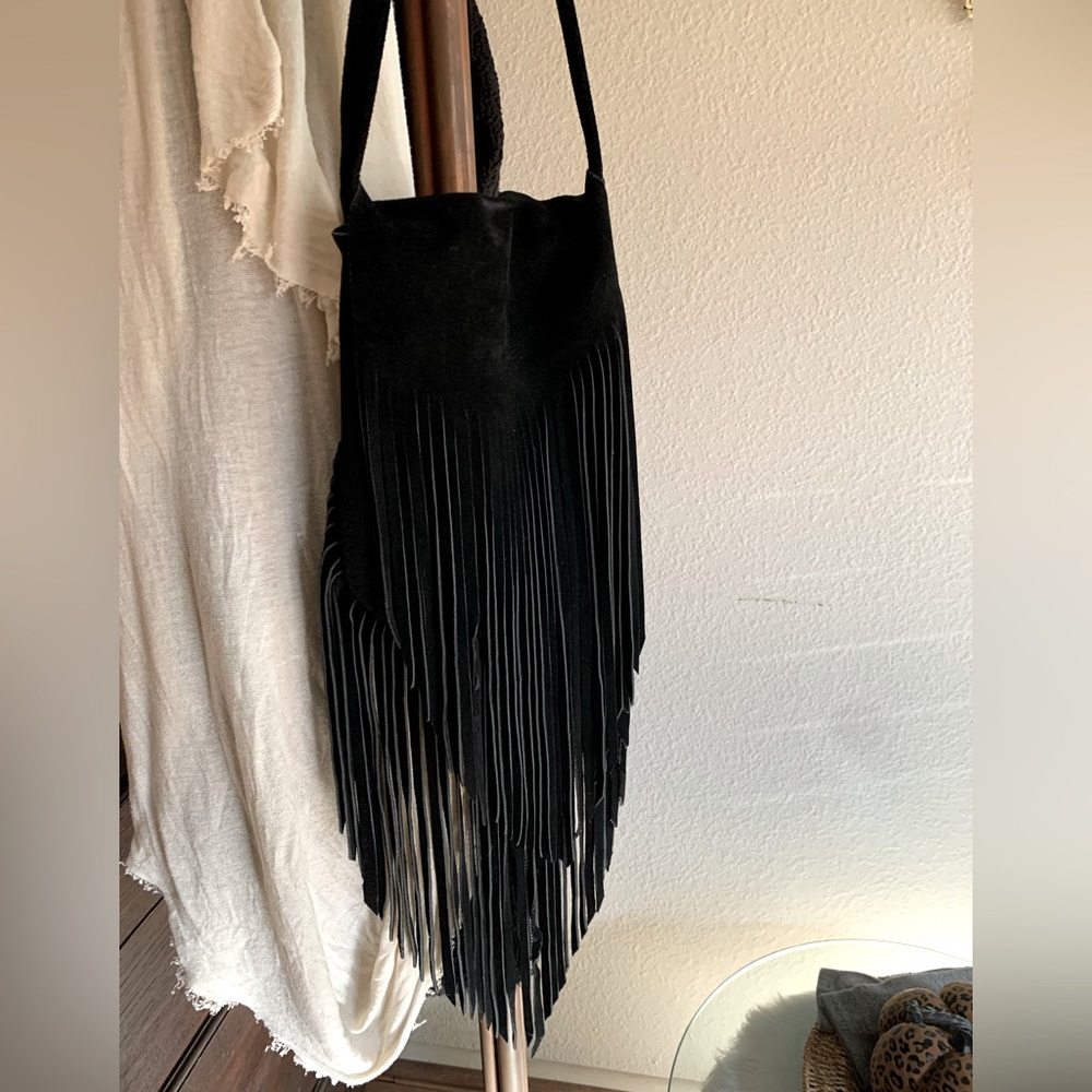 Handmade Black Leather, Deep Fringed Crossbody.